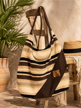 Handmade Boho Hobo Bag Taino Sun Accent Woven Striped Shoulder Purse